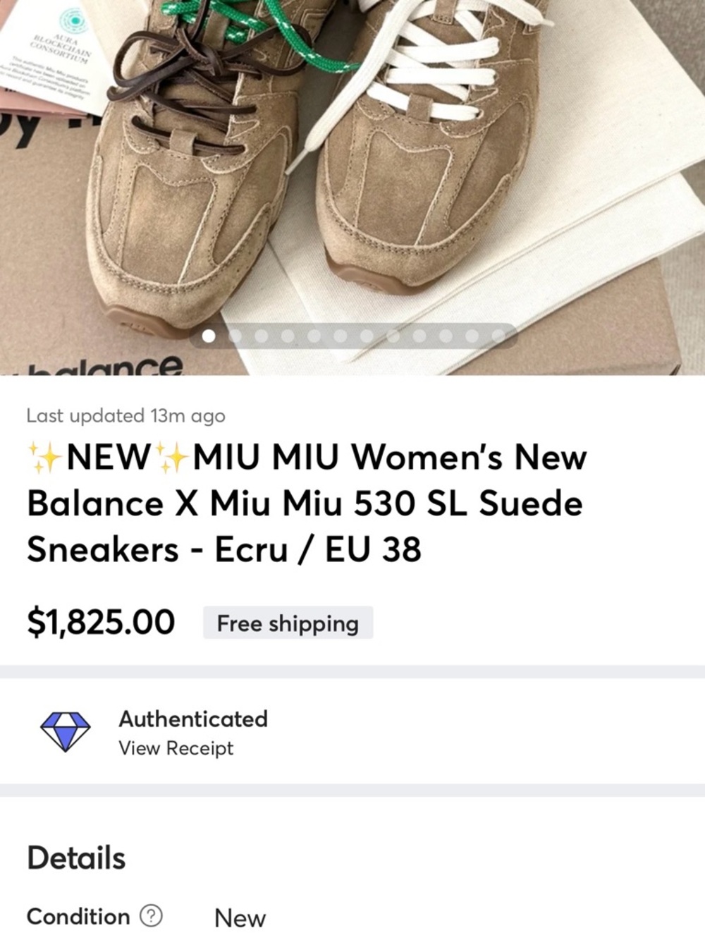 ✨NEW✨MIU MIU Women’s New Balance X Miu Miu 530 SL Suede Sneakers - Ecru / EU 38 - Picture 16 of 16